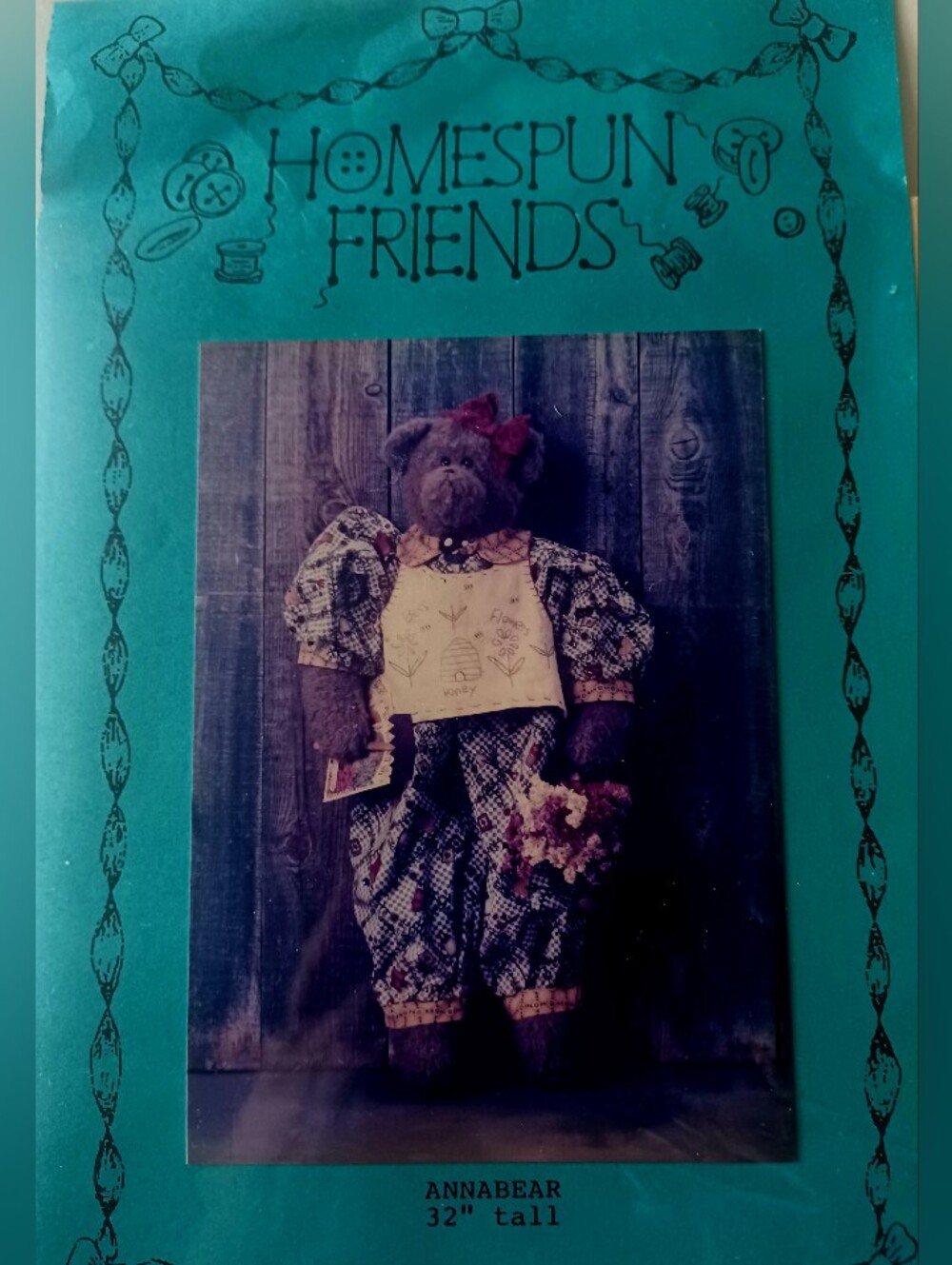 Homespun Friends, 32"  Tall, Annabear Plush Bear in Jumpsuit Outfit, Uncut